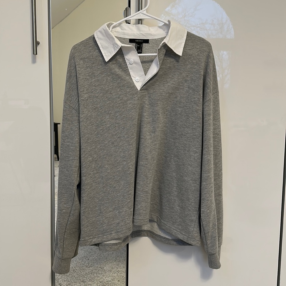 Grey Crew Neck Sweater with White Collar
